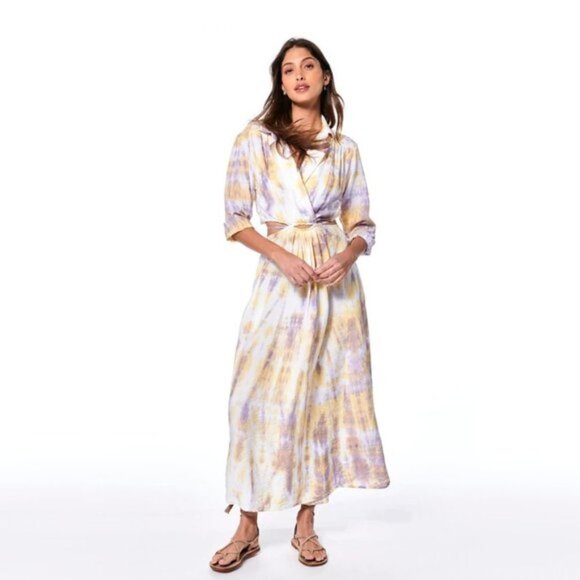 NWT YFB yellow gold and purple tie dye collared cutout wrap front tie sun dress - Picture 3 of 7